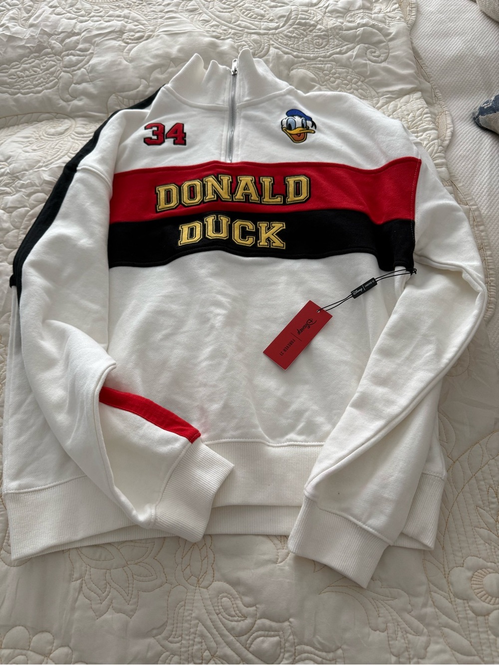 Forever 21 White Donald Duck Quarter-Zip Sweatshirt with Red & Black Panels NWT